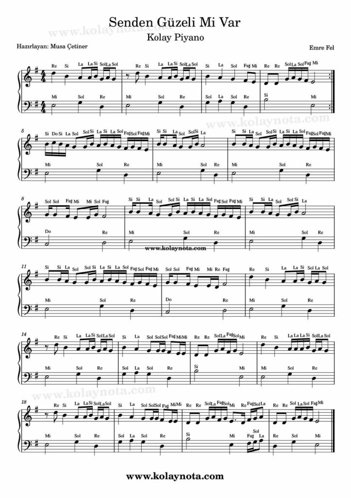 Senden Güzeli Mi Var - Piyano Notası