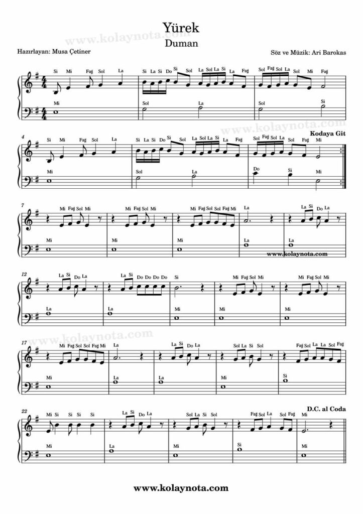 Yürek - Piyano Nota