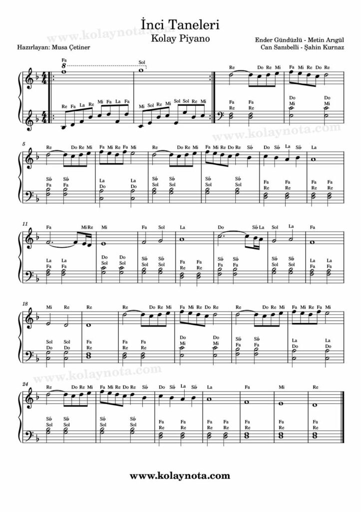 İnci Taneleri - Piyano Nota