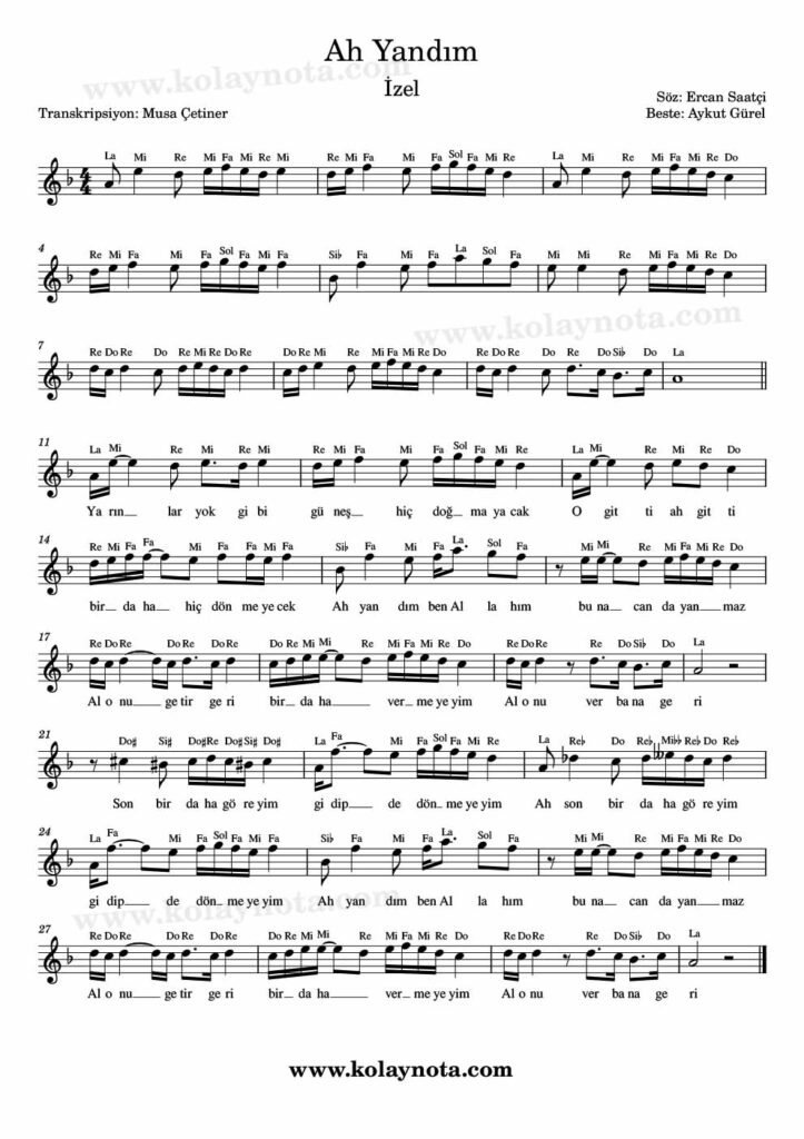 Ah Yandım - Nota