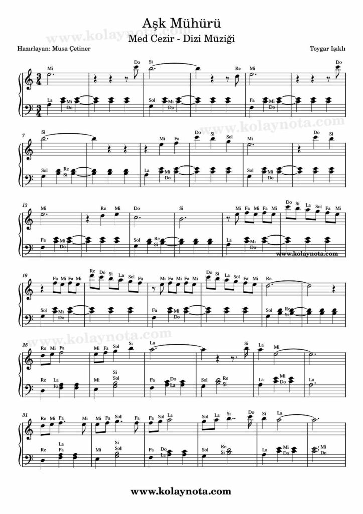 Aşk Mühürü - Piyano Nota