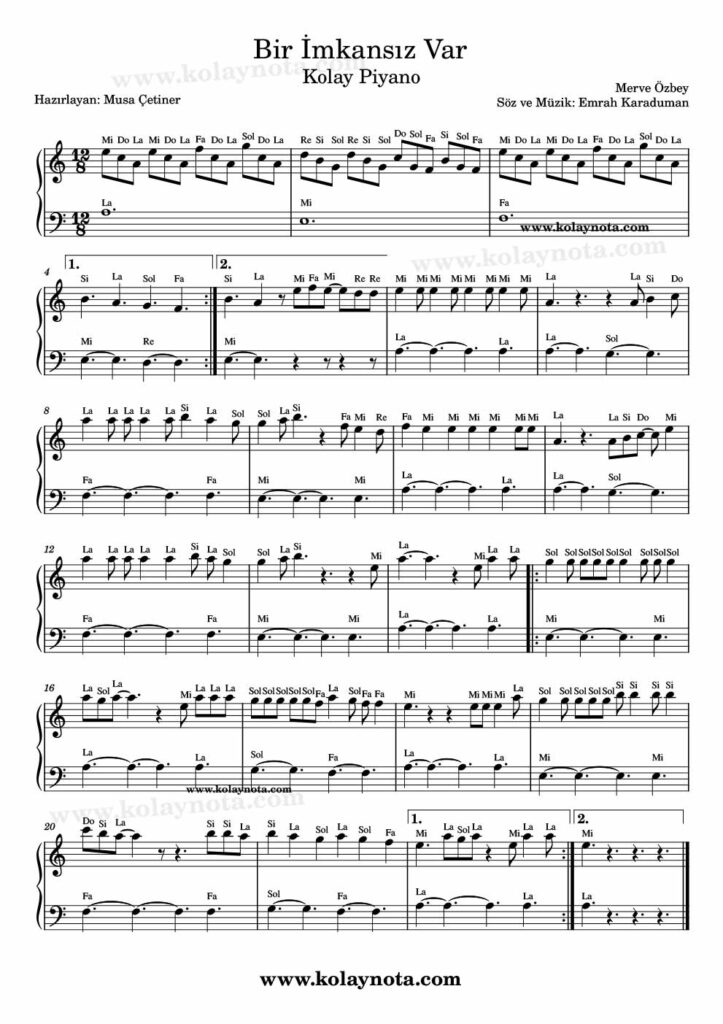 Bir İmkansız Var - Piyano Nota