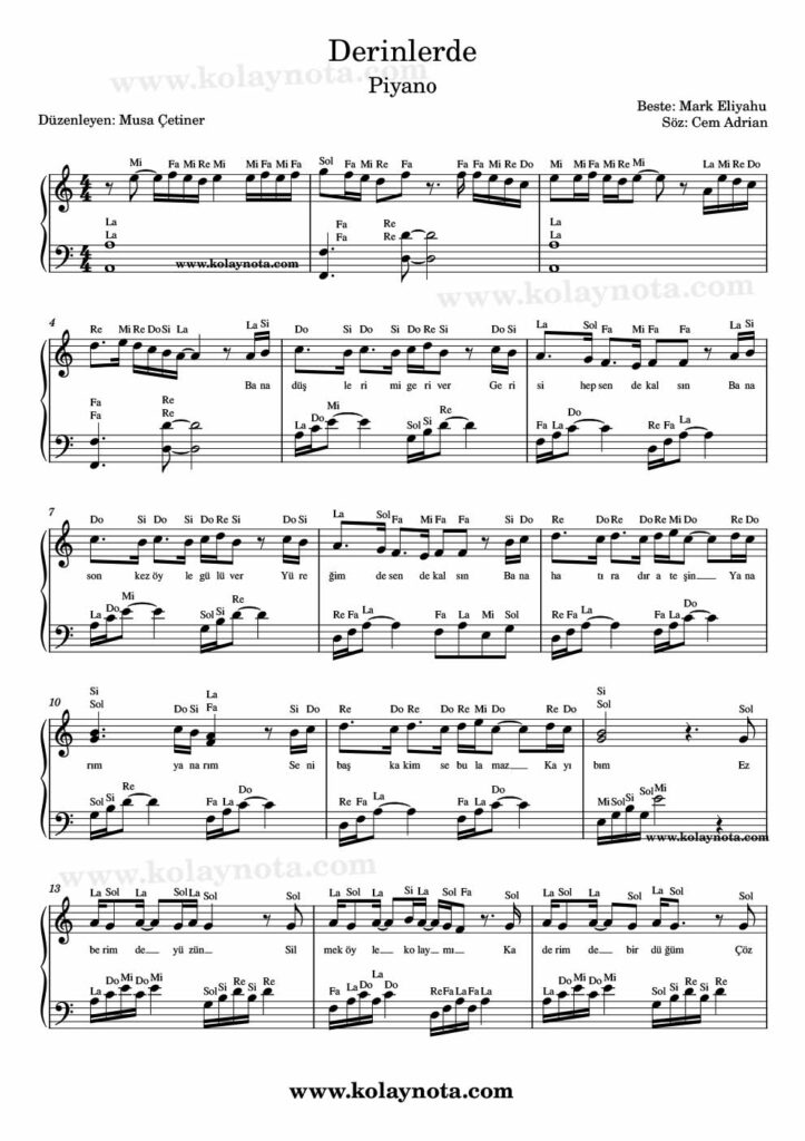 Derinlerde - Piyano Nota