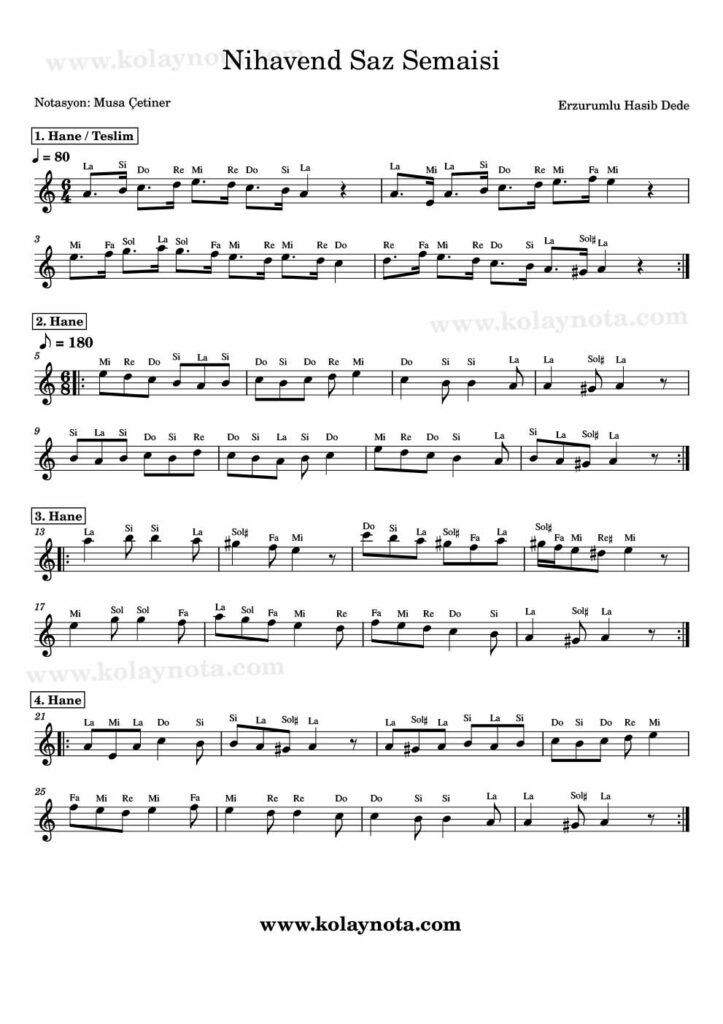Nihavend Saz Semaisi - Nota