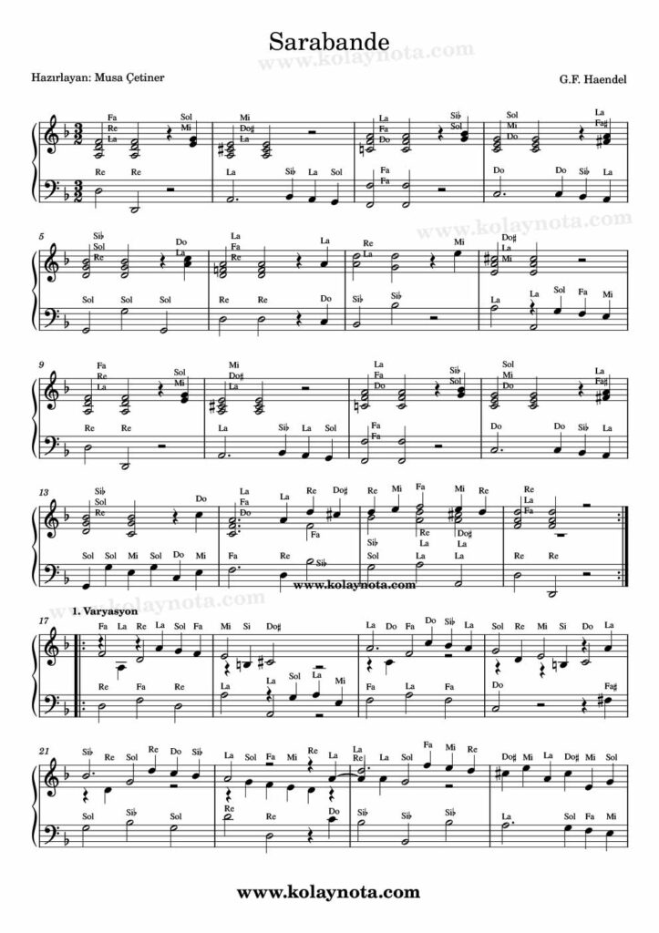 Handel - Sarabande - Piyano Nota