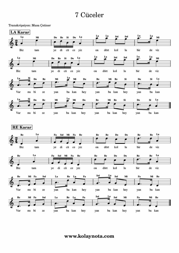 Yedi Cüceler - Nota