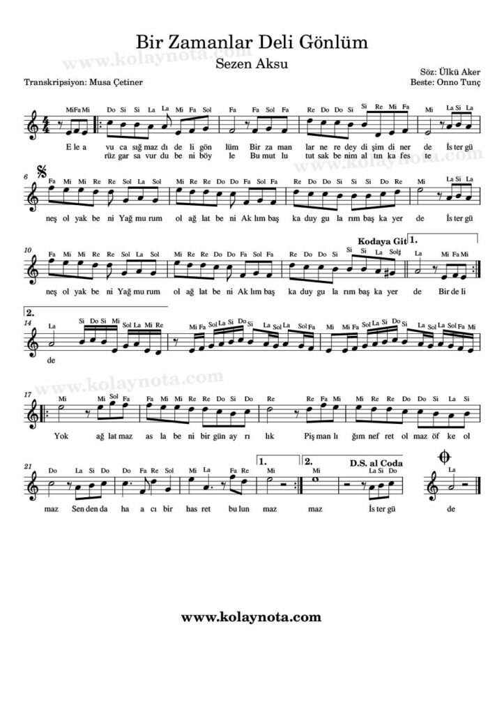Bir Zamanlar Deli Gönlüm - Nota