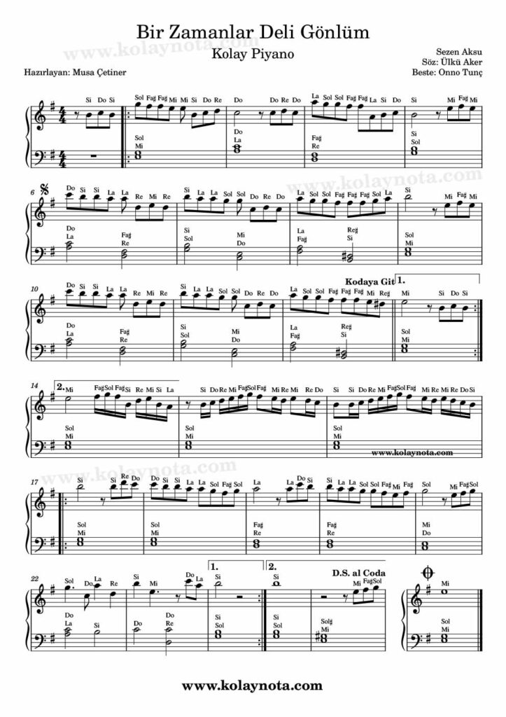 Bir Zamanlar Deli Gönlüm - Piyano Notası