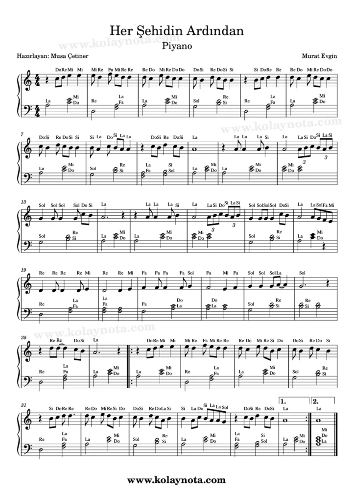 Her Şehidin Ardından - Piyano Notası