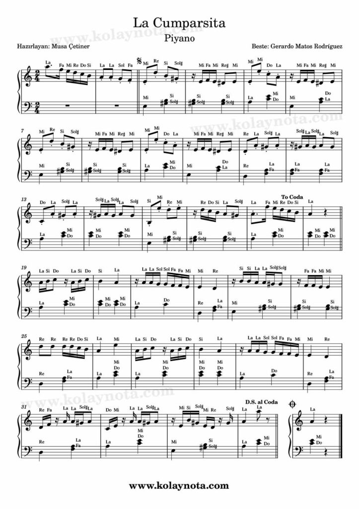 La Cumparsita - Piyano Nota