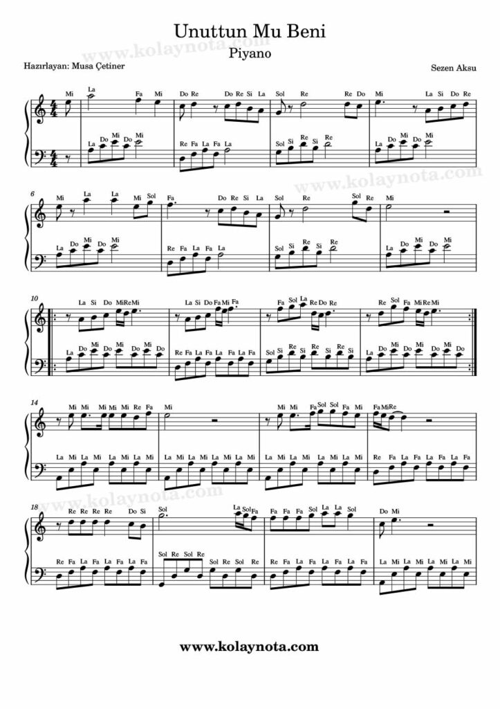 Unuttun Mu Beni - Piyano Nota