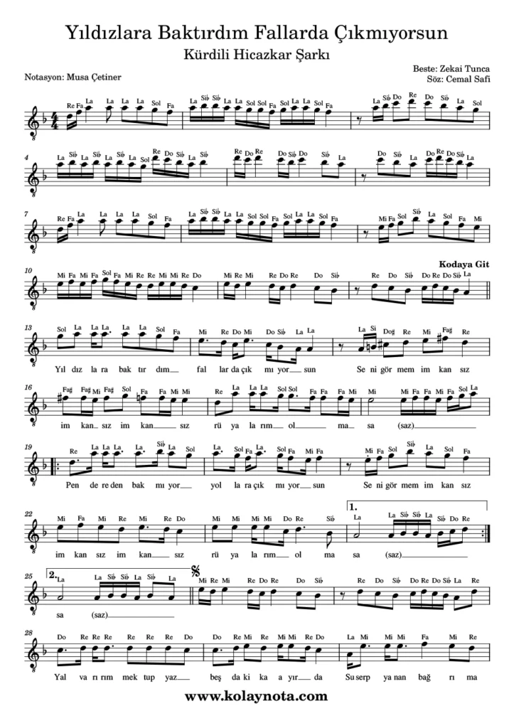 Yıldızlara Baktırdım Fallarda Çıkmıyorsun - Nota