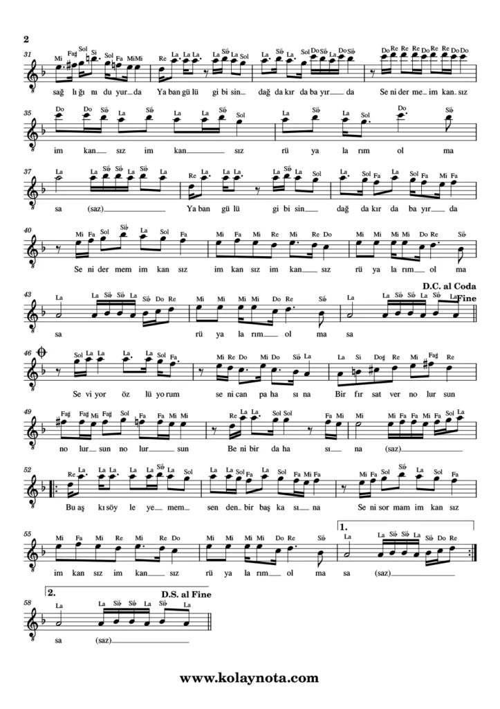 Yıldızlara Baktırdım Fallarda Çıkmıyorsun - Nota - 2