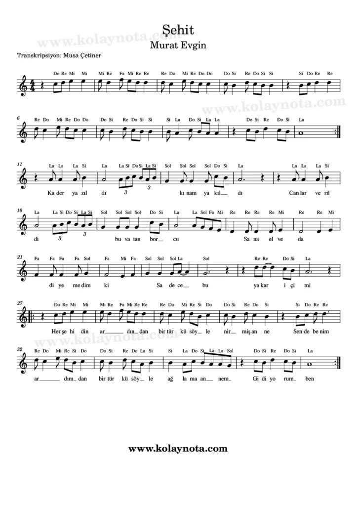 Her Şehidin Ardından - Nota