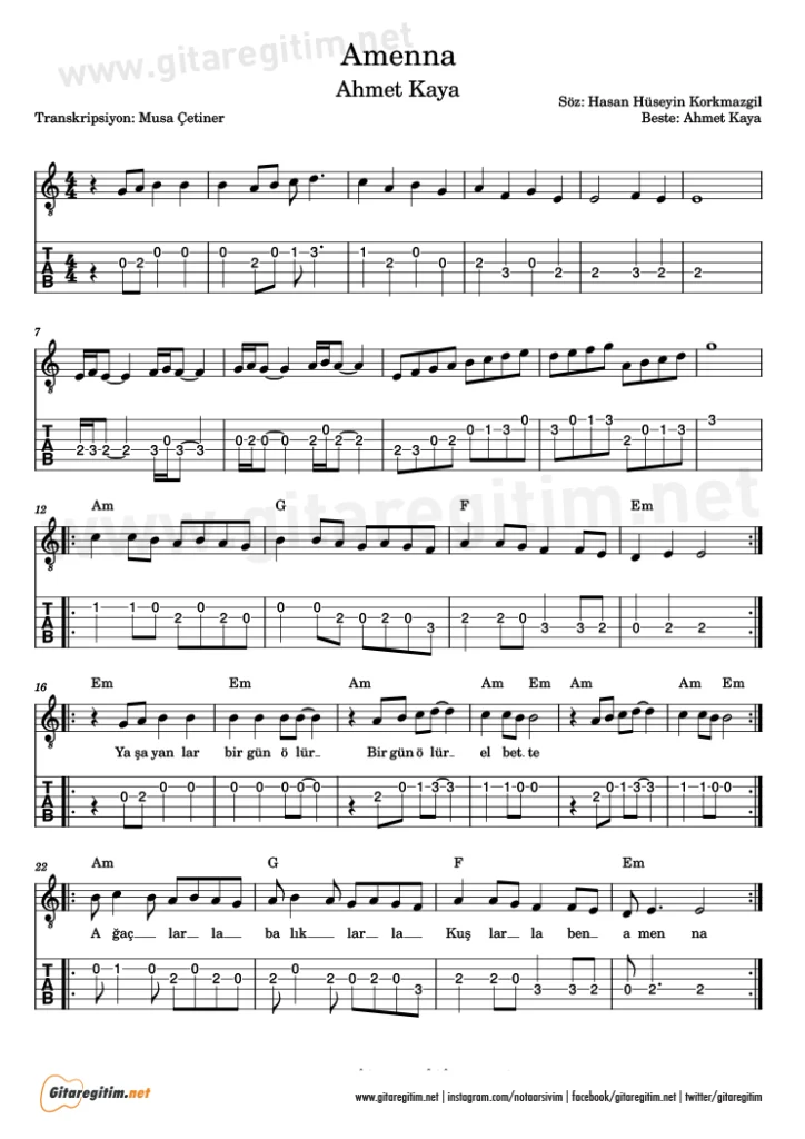 Ahmet Kaya - Amenna - Nota