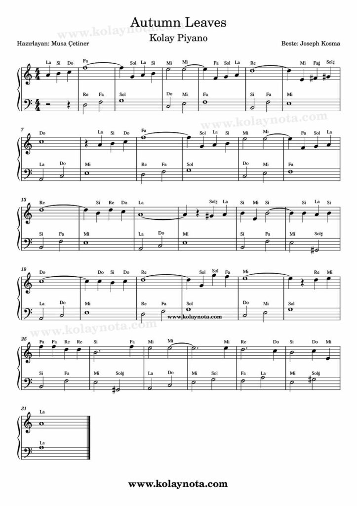 Autumn Leaves - Piyano Nota