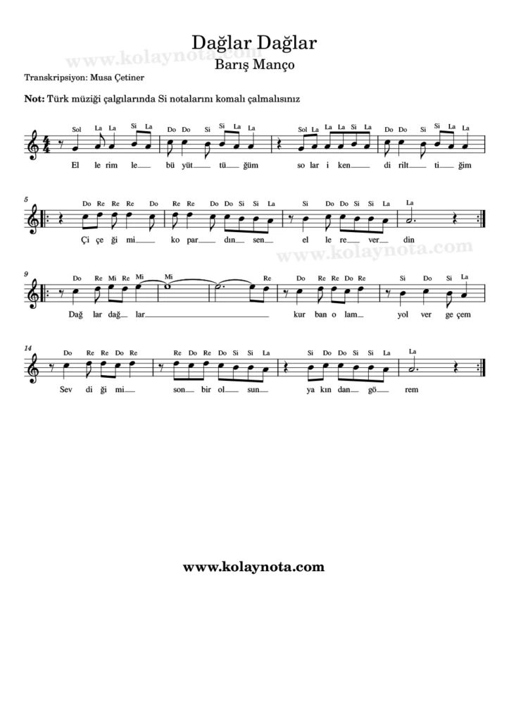 Dağlar Dağlar - Nota