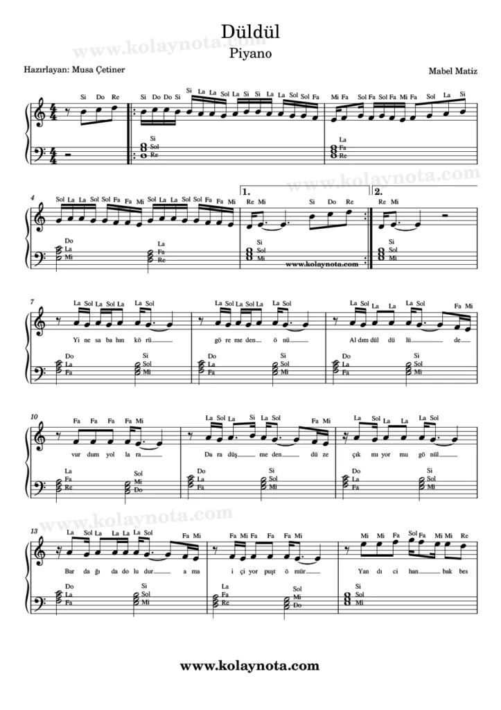 Düldül - Piyano Notası