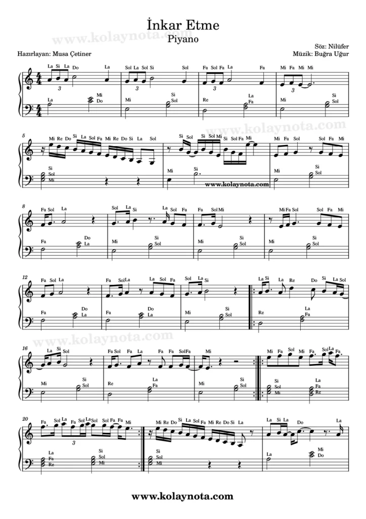 İnkar Etme - Piyano Notası