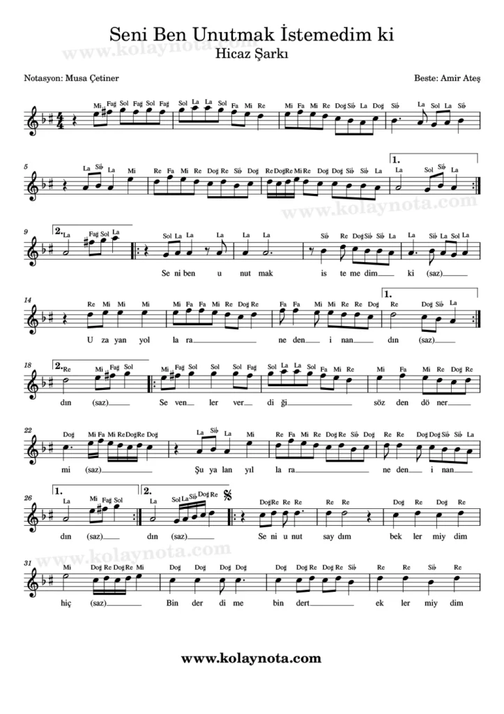 Seni Ben Unutmak İstemedim ki - Nota