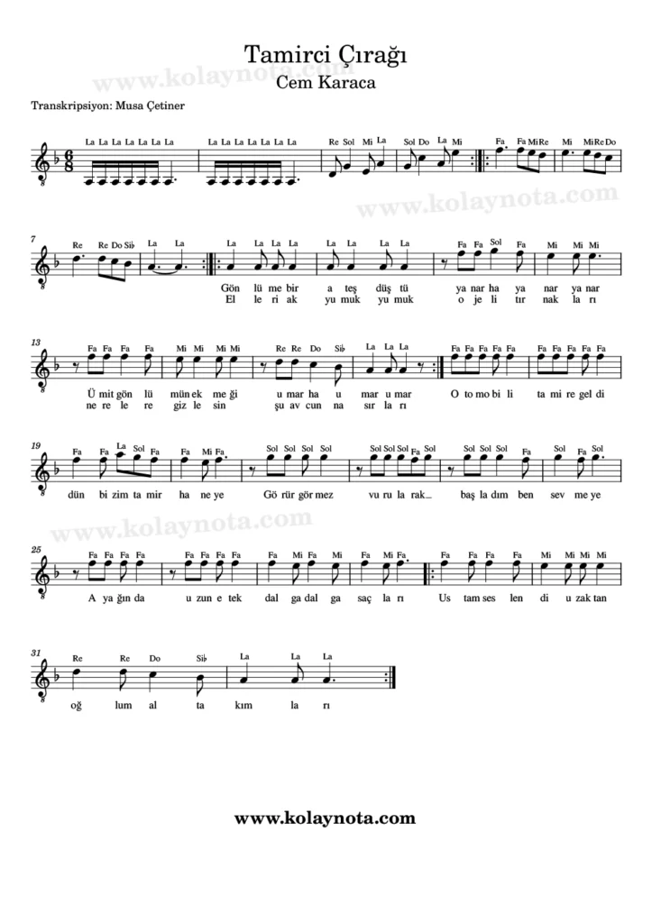 Tamirci Çırağı - Nota