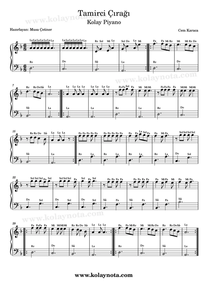 Tamirci Çırağı - Piyano Notası
