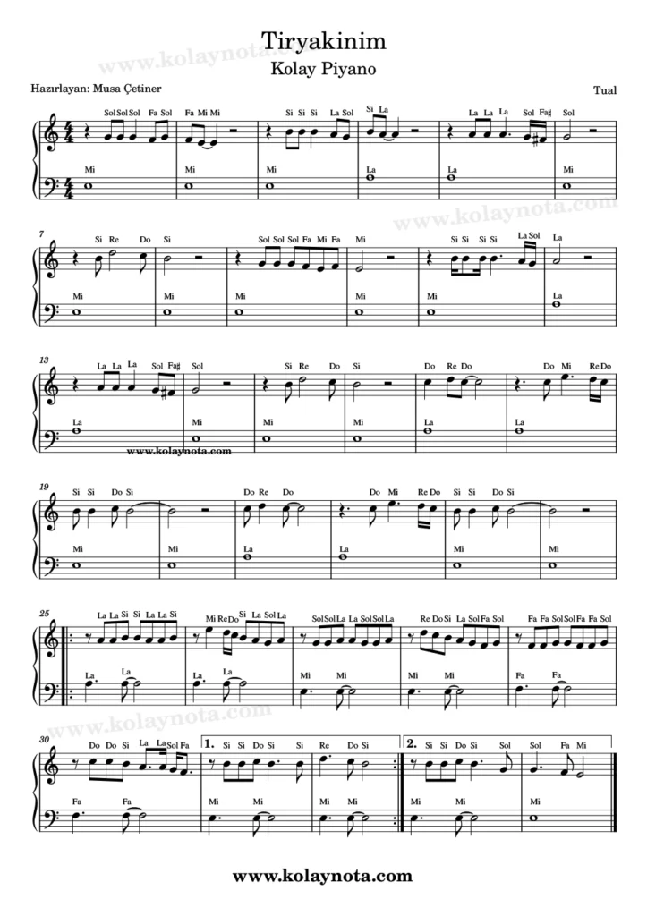 Tiryakinim - Piyano Notası
