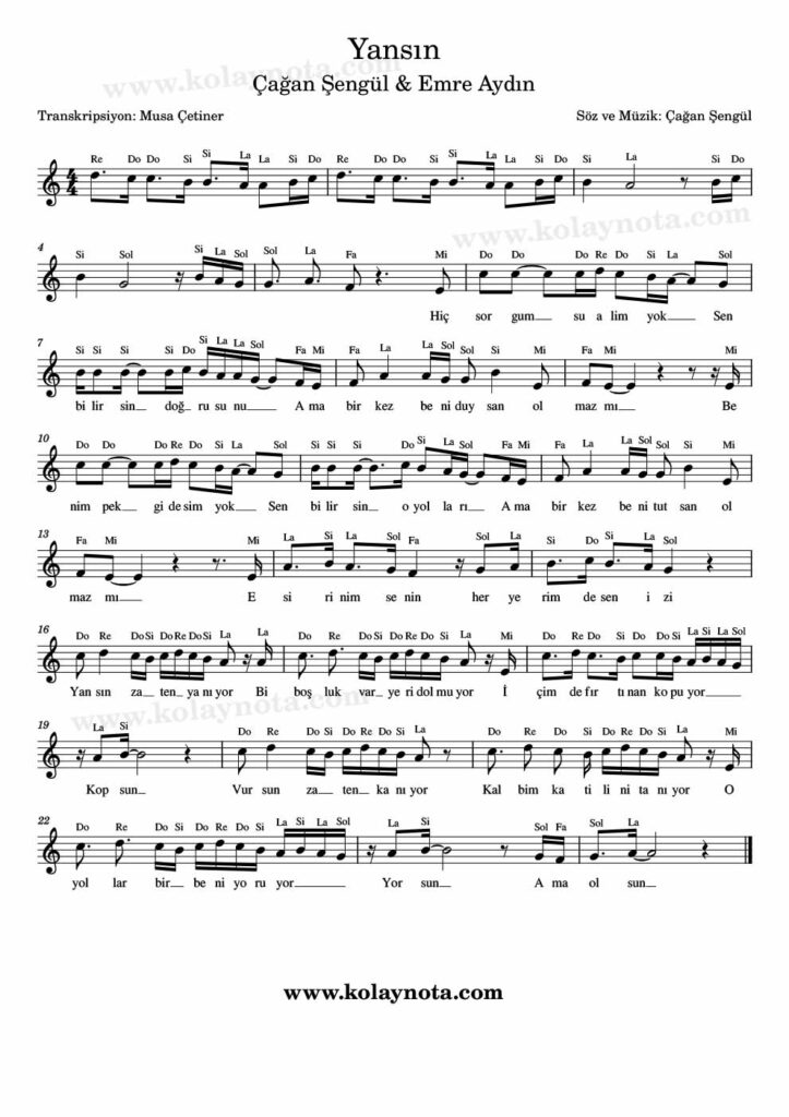 Yansın - Nota