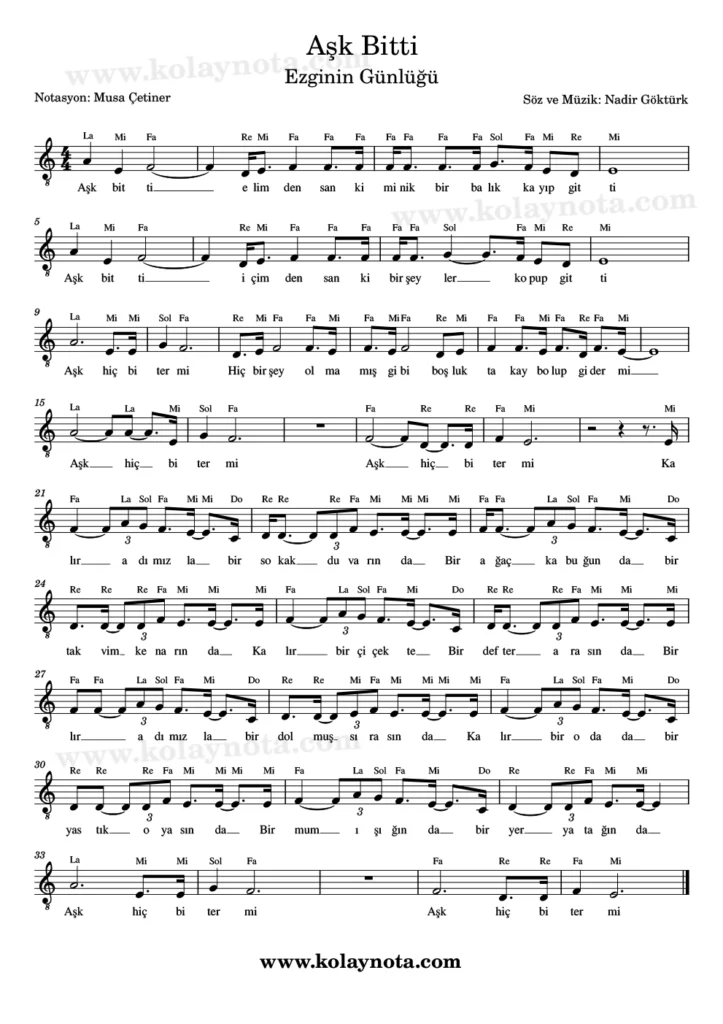 Aşk Bitti - Nota