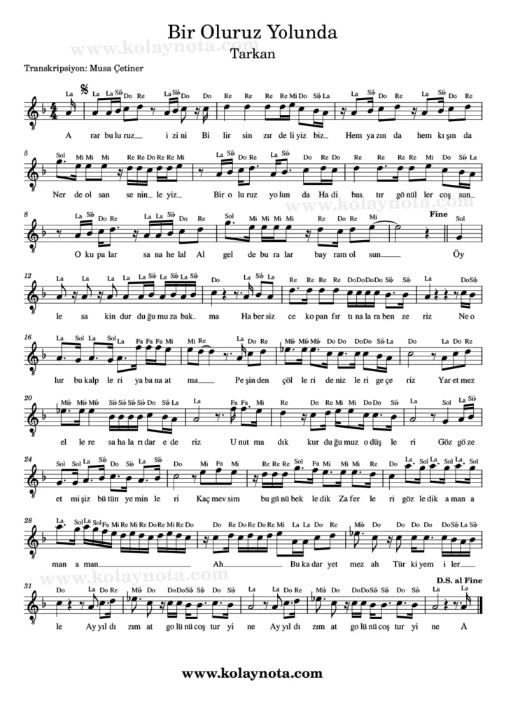 Bir Oluruz Yolunda - Nota