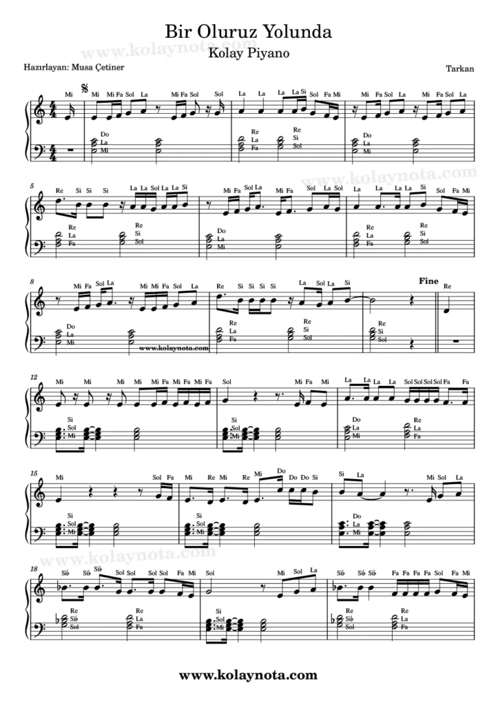 Bir Oluruz Yolunda - Piyano Notası