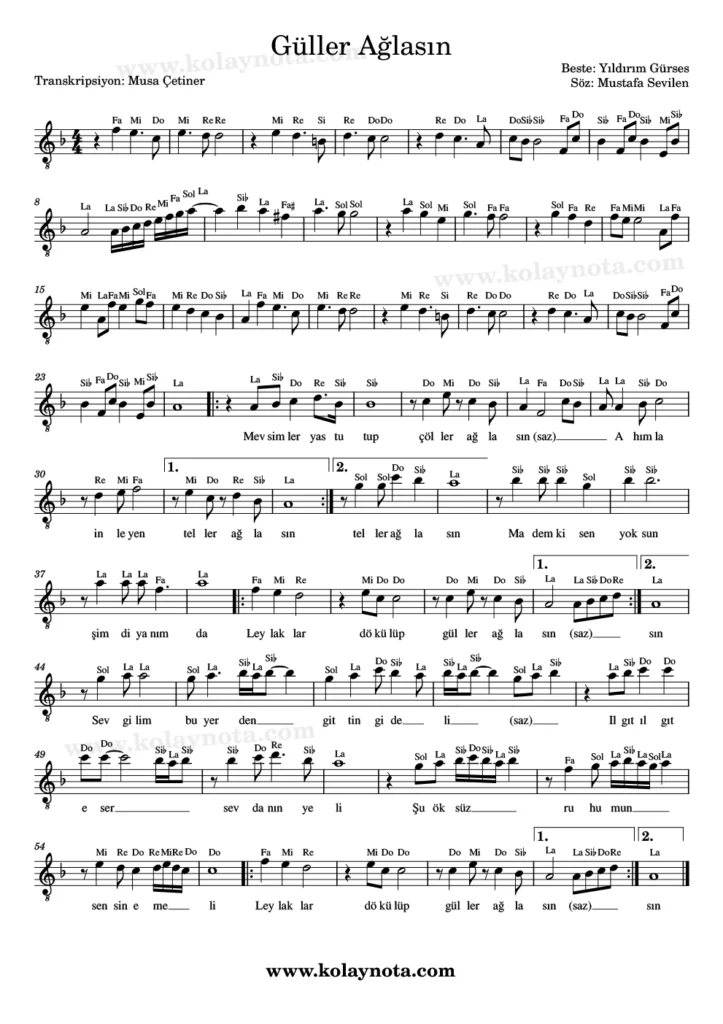 Güller Ağlasın - Nota