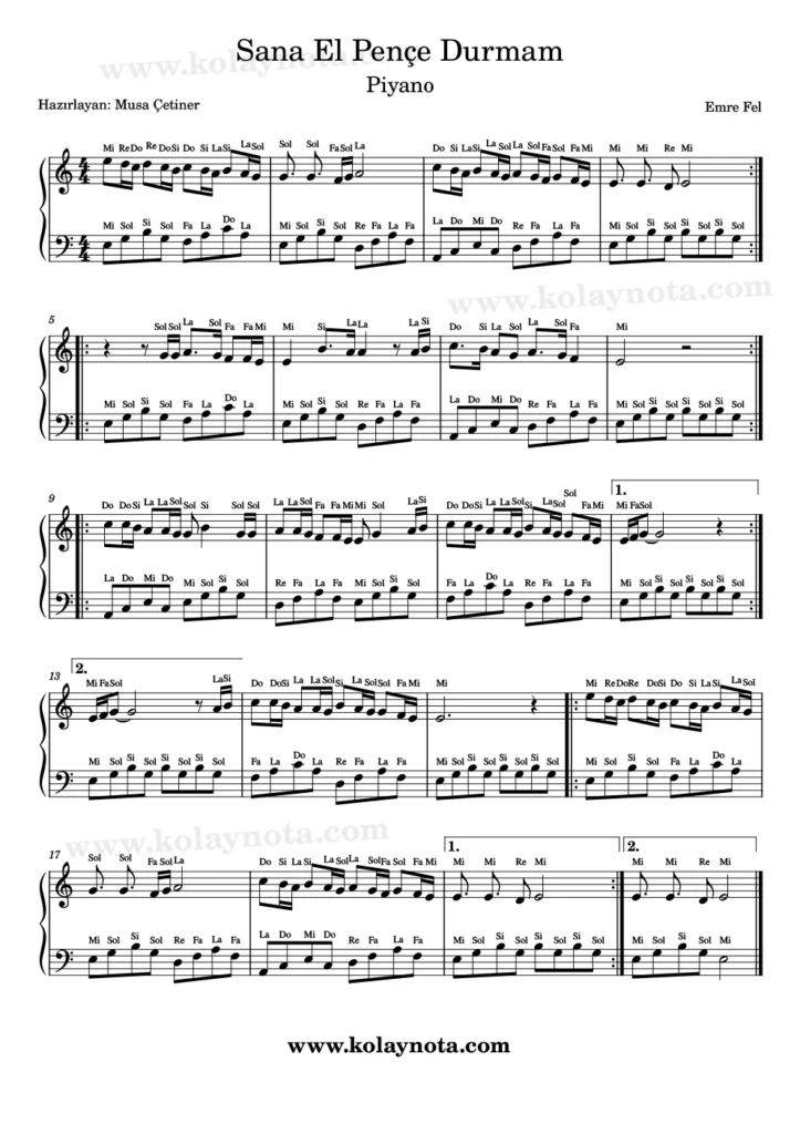 Sana El Pençe Durmam - Piyano Notası