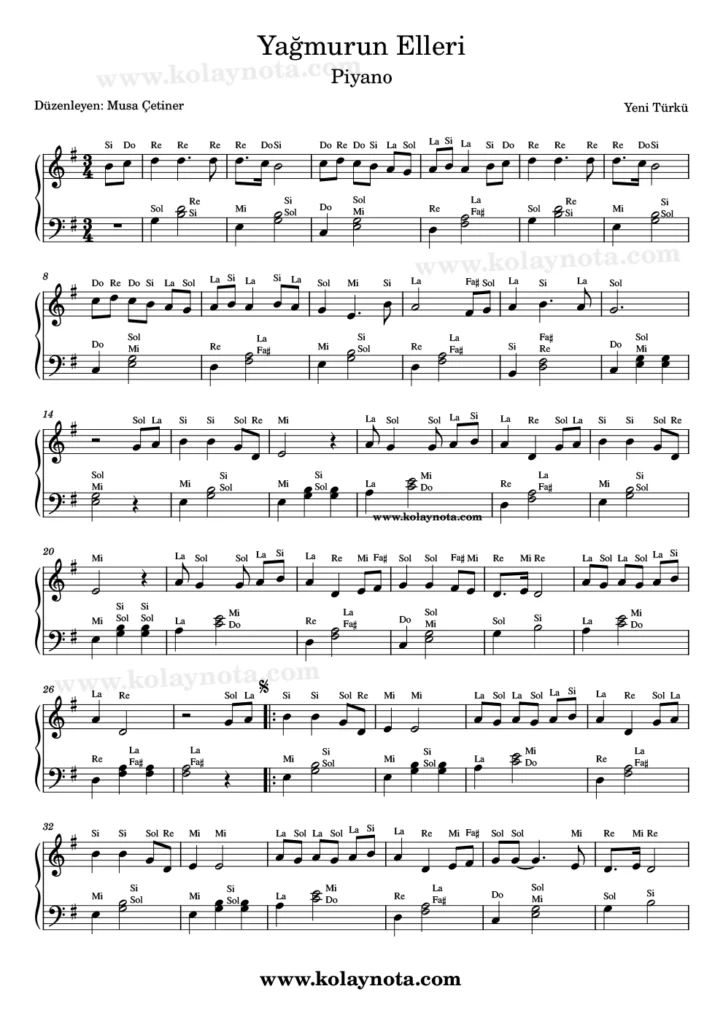 Yağmurun Elleri - Piyano Notası