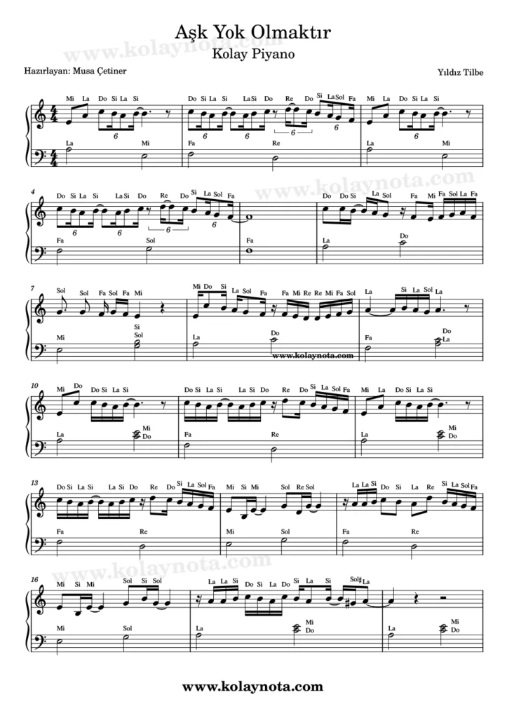 Aşk Yok Olmaktır - Piyano Notası