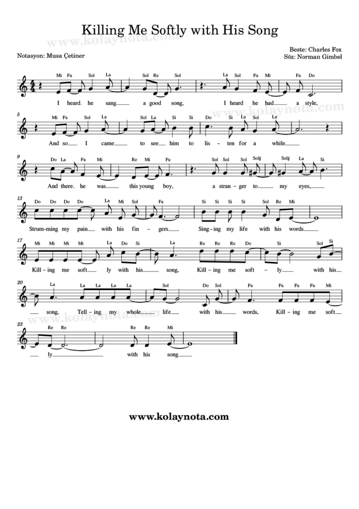 Killing Me Softly With His Song - Nota