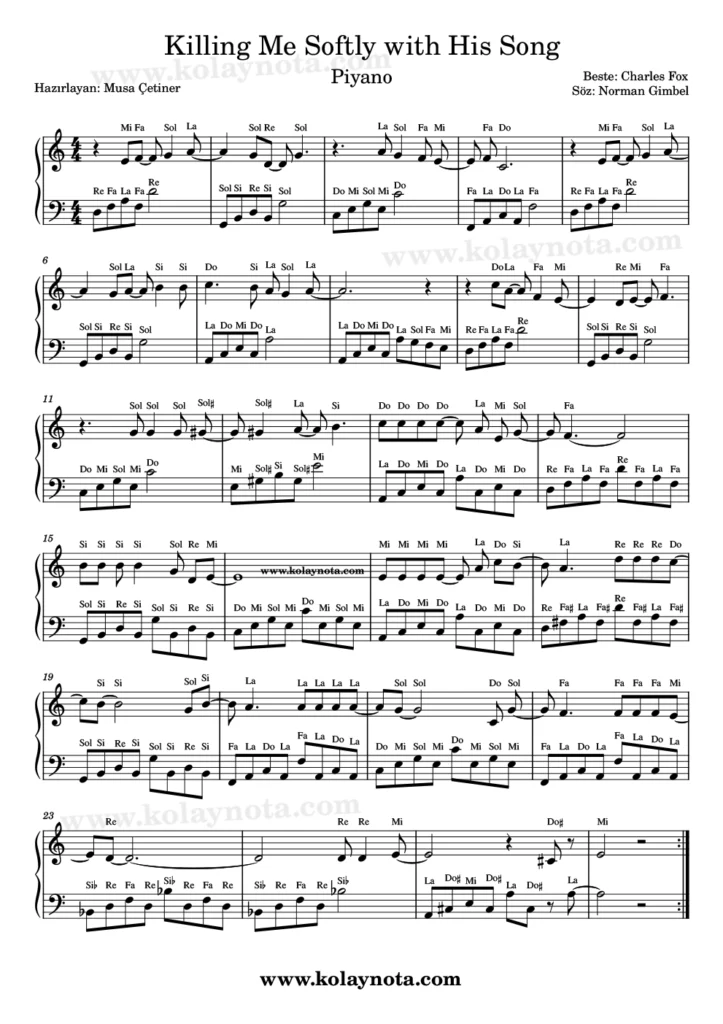 Killing Me Softly With His Song  - Piyano Nota