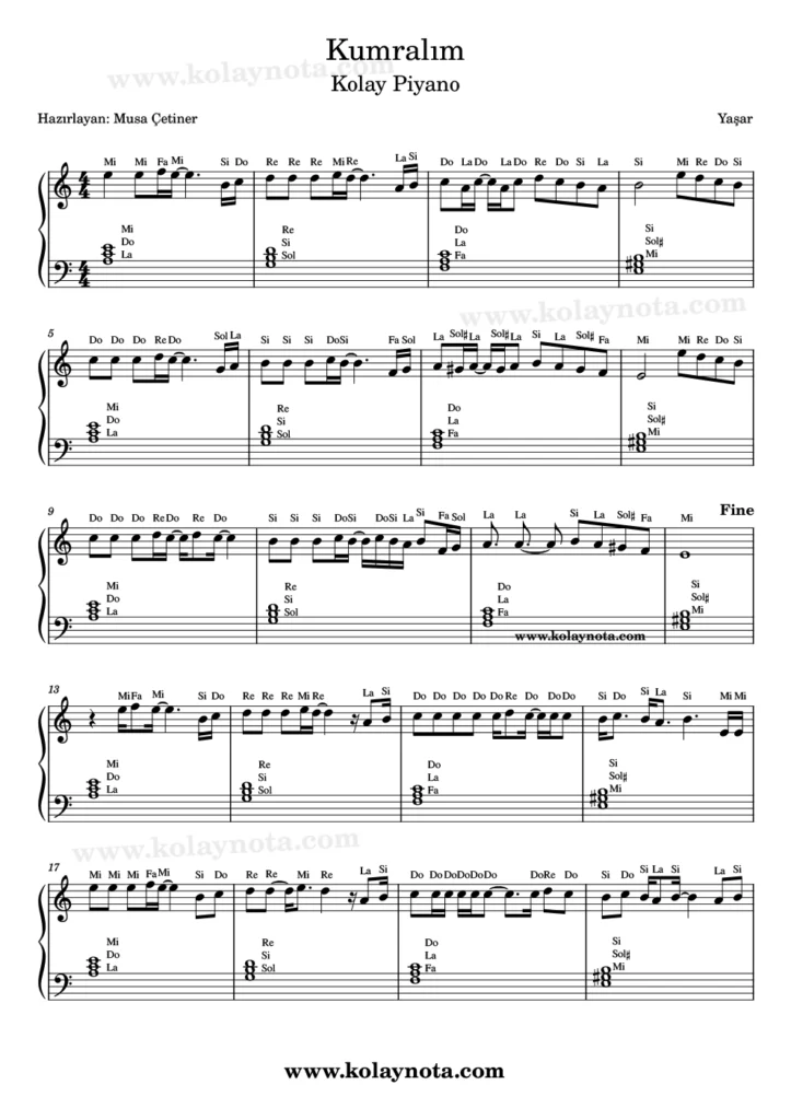 Kumralım - Piyano Notası