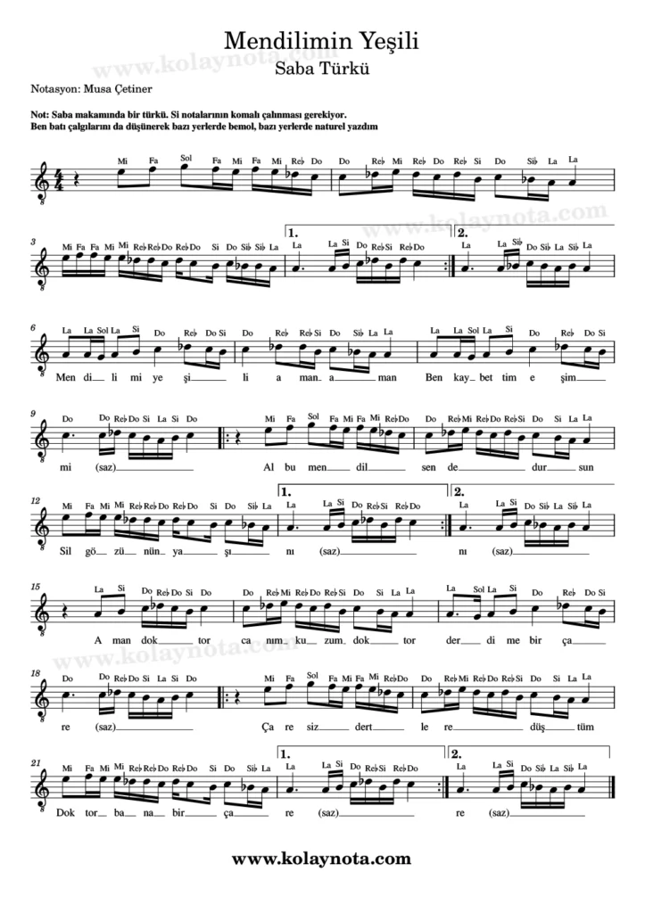 Mendilimin Yeşili - Nota