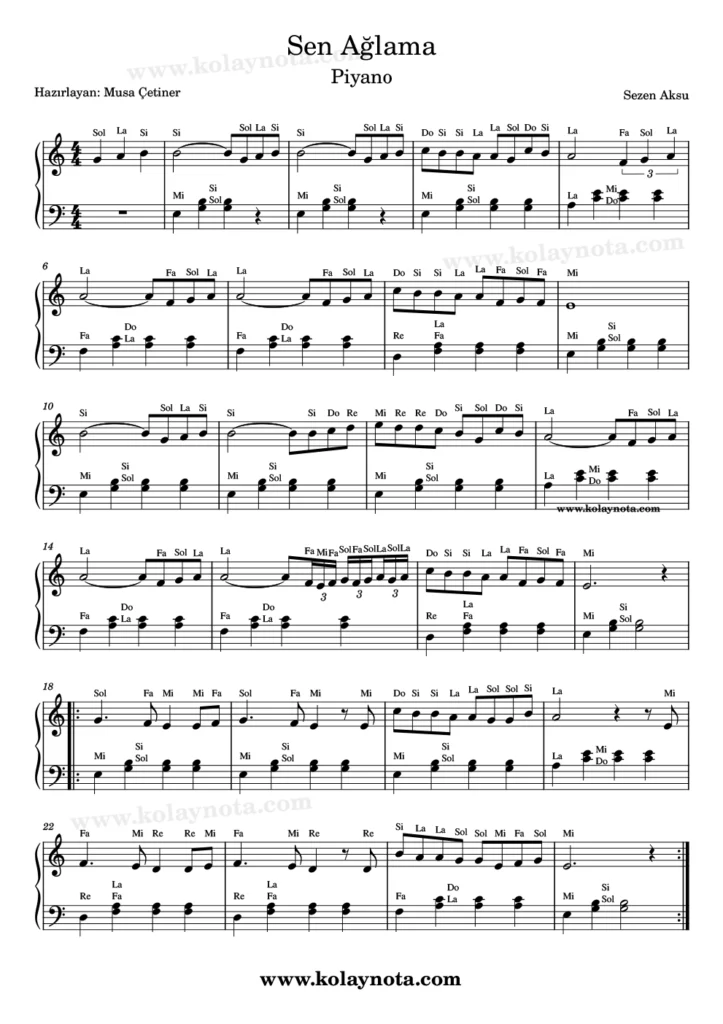 Sen Ağlama - Piyano Nota