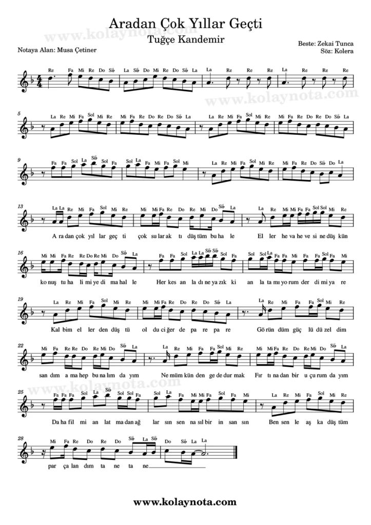 Aradan Çok Yıllar Geçti - Nota