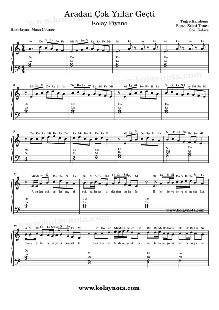 Aradan Çok Yıllar Geçti - Piyano Nota