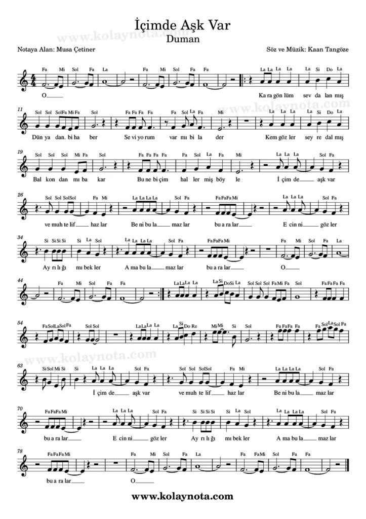 İçimde Aşk Var - Nota