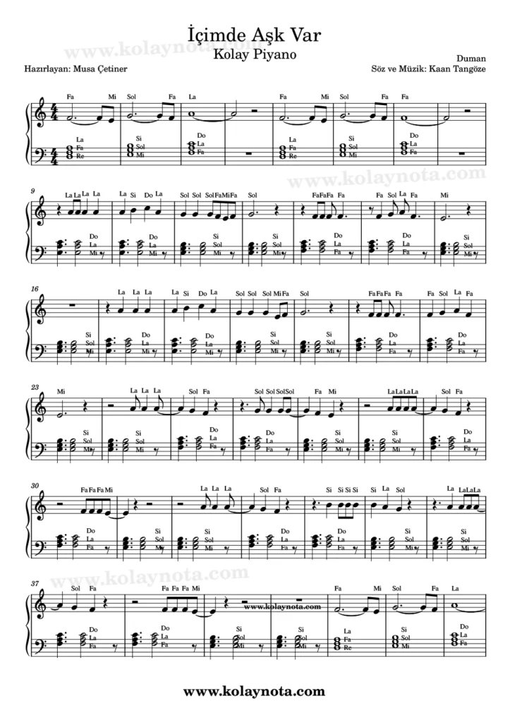 İçimde Aşk Var - Piyano Nota