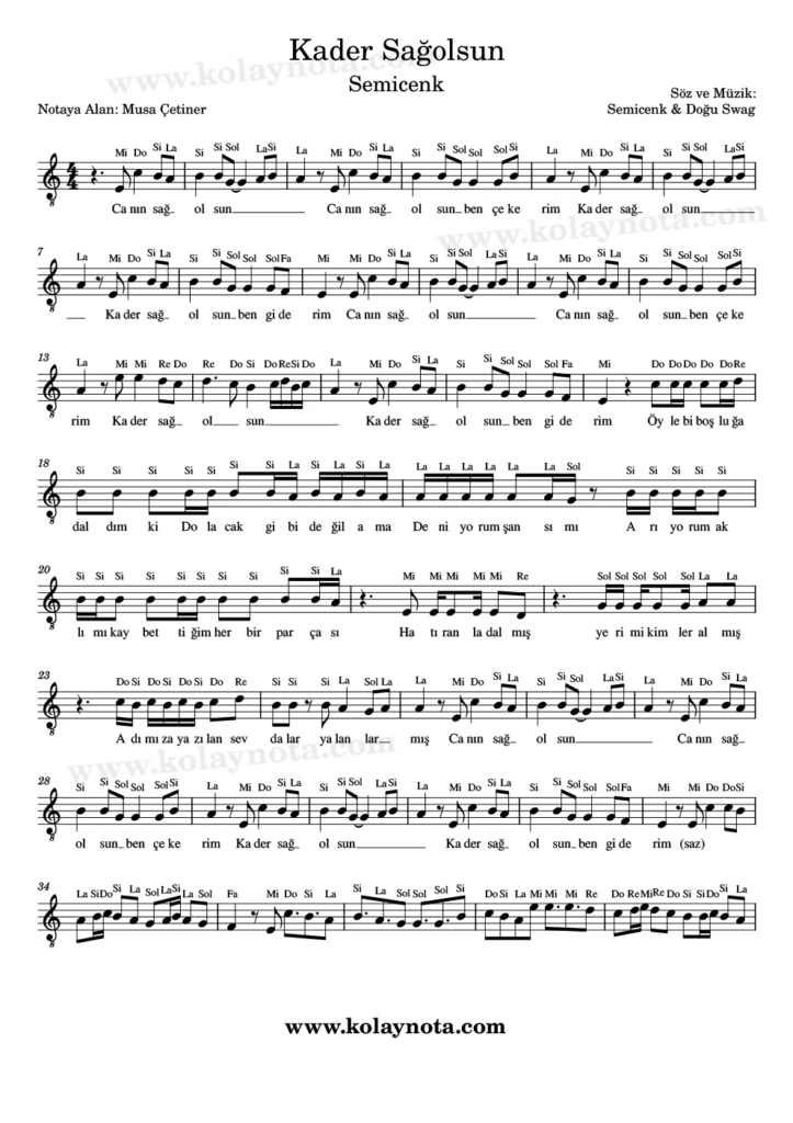 Kader Sağolsun - Nota