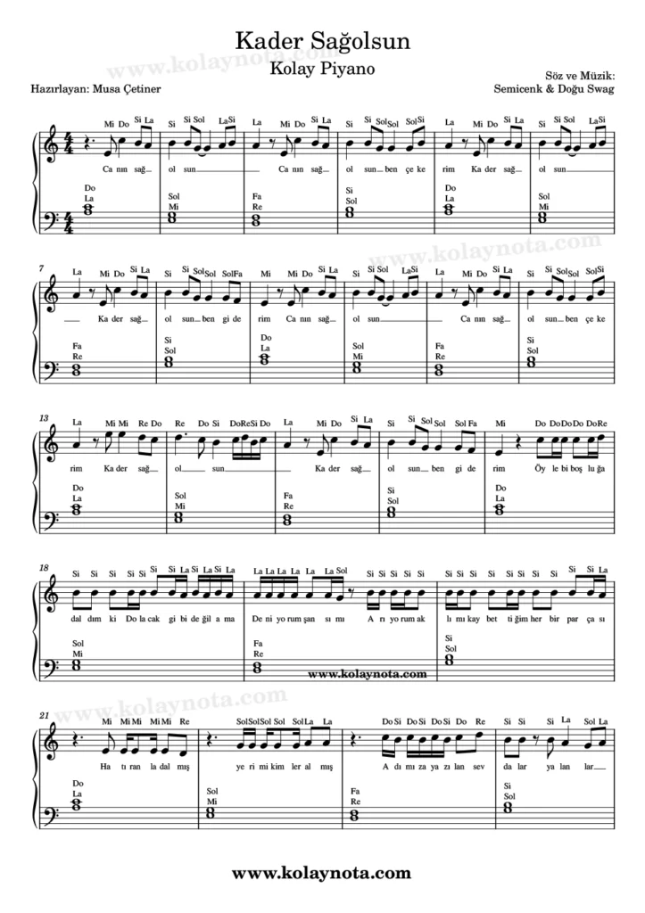 Kader Sağolsun - Piyano Nota
