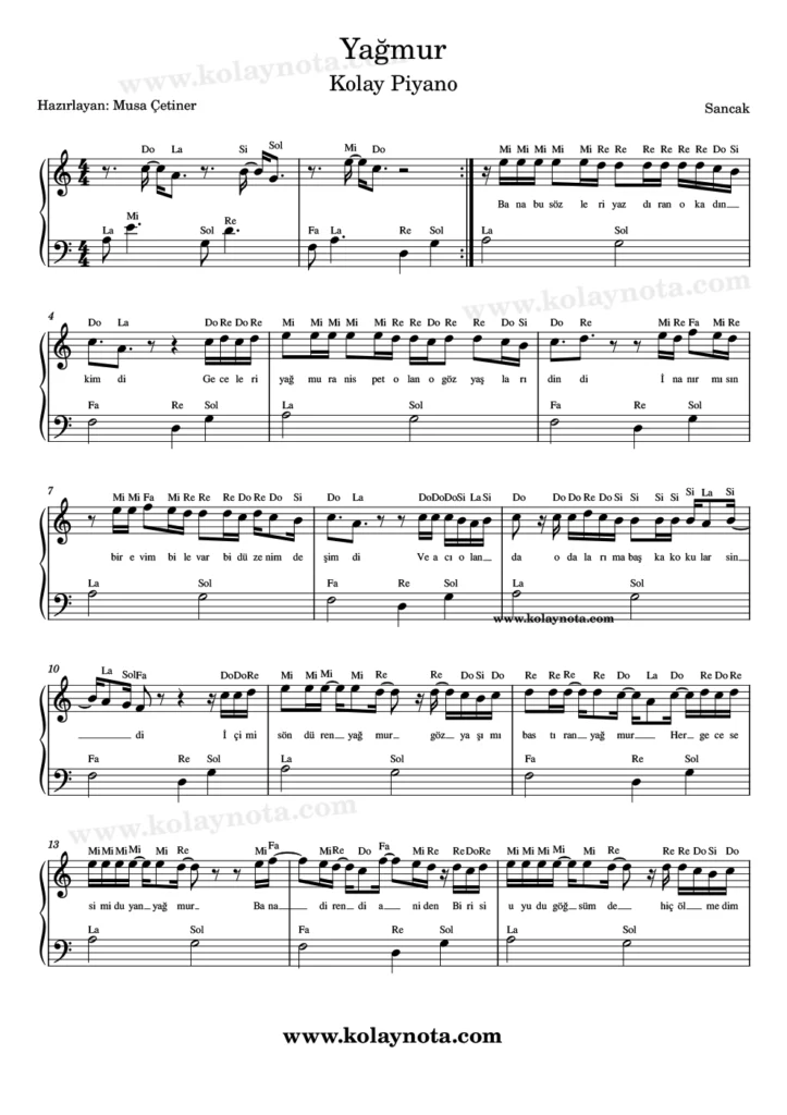 Sancak - Yağmur - Piyano Notası
