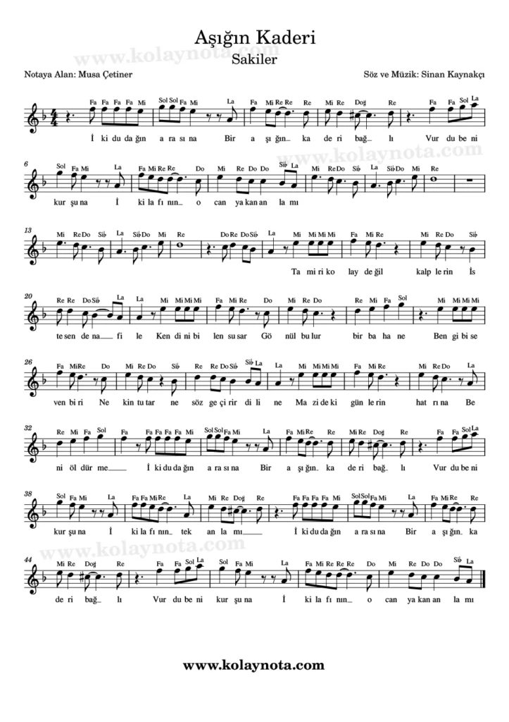 Aşığın Kaderi - Nota