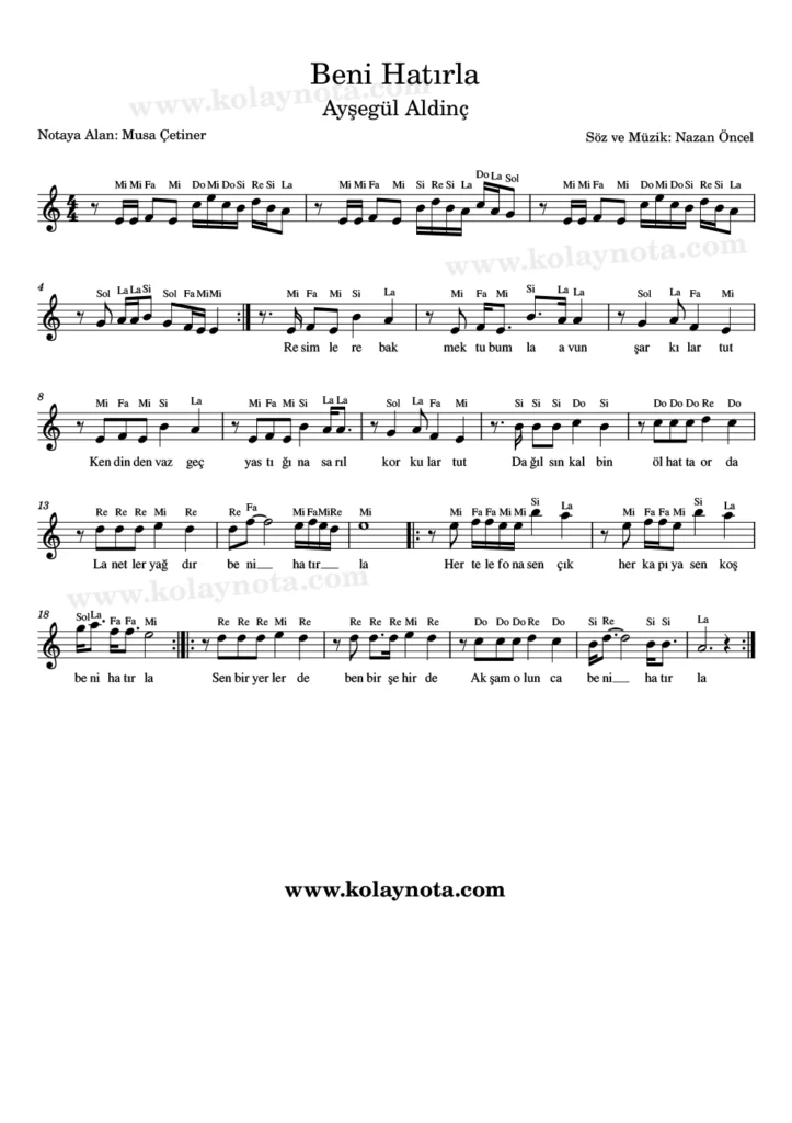 Beni Hatırla - Nota