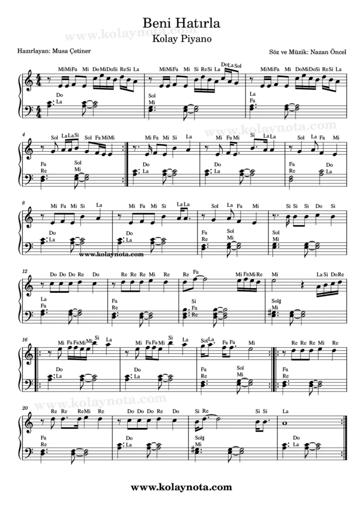 Beni Hatırla - Piyano Nota